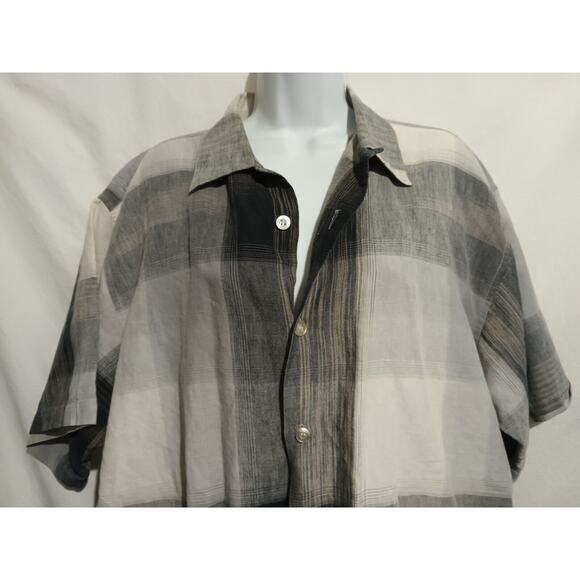 Maxini Size XL 100% Linen Short Sleeve Button-down Black Gray Plaid - Picture 1 of 9